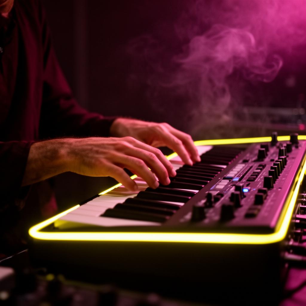 Hands on a synthesizer in neon light