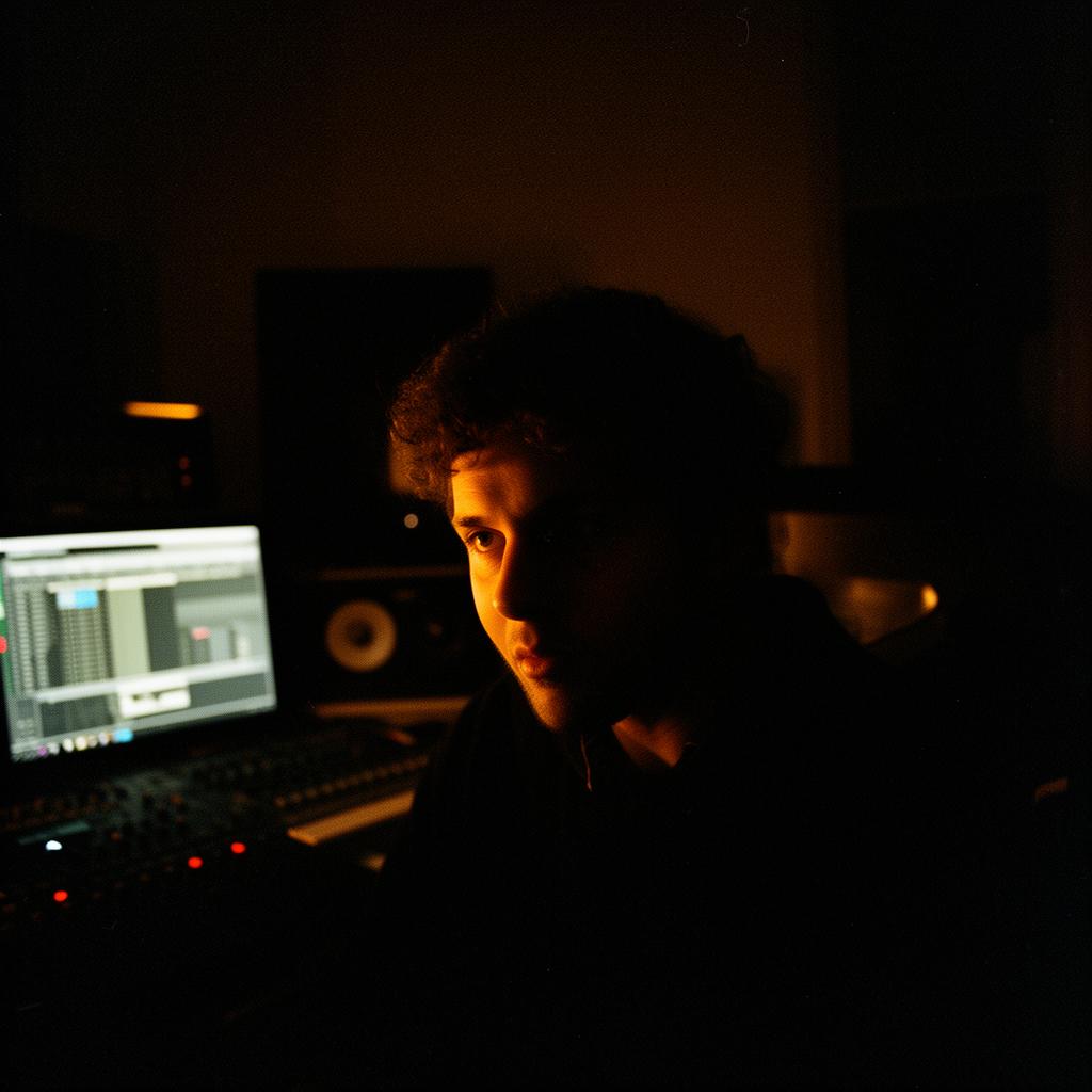 Producer alone in a dark studio
